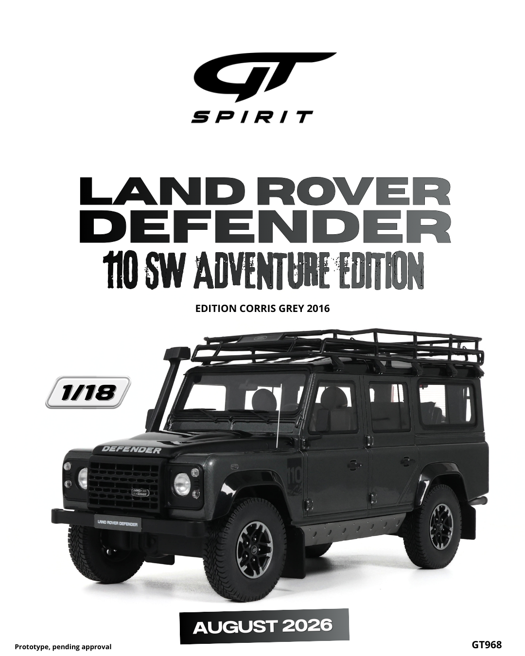 GT Spirit 1:18 Scale Resin, 2016 LAND ROVER DEFENDER 110 SW ADVENTURE EDITION, CORRIS GREY - GT968