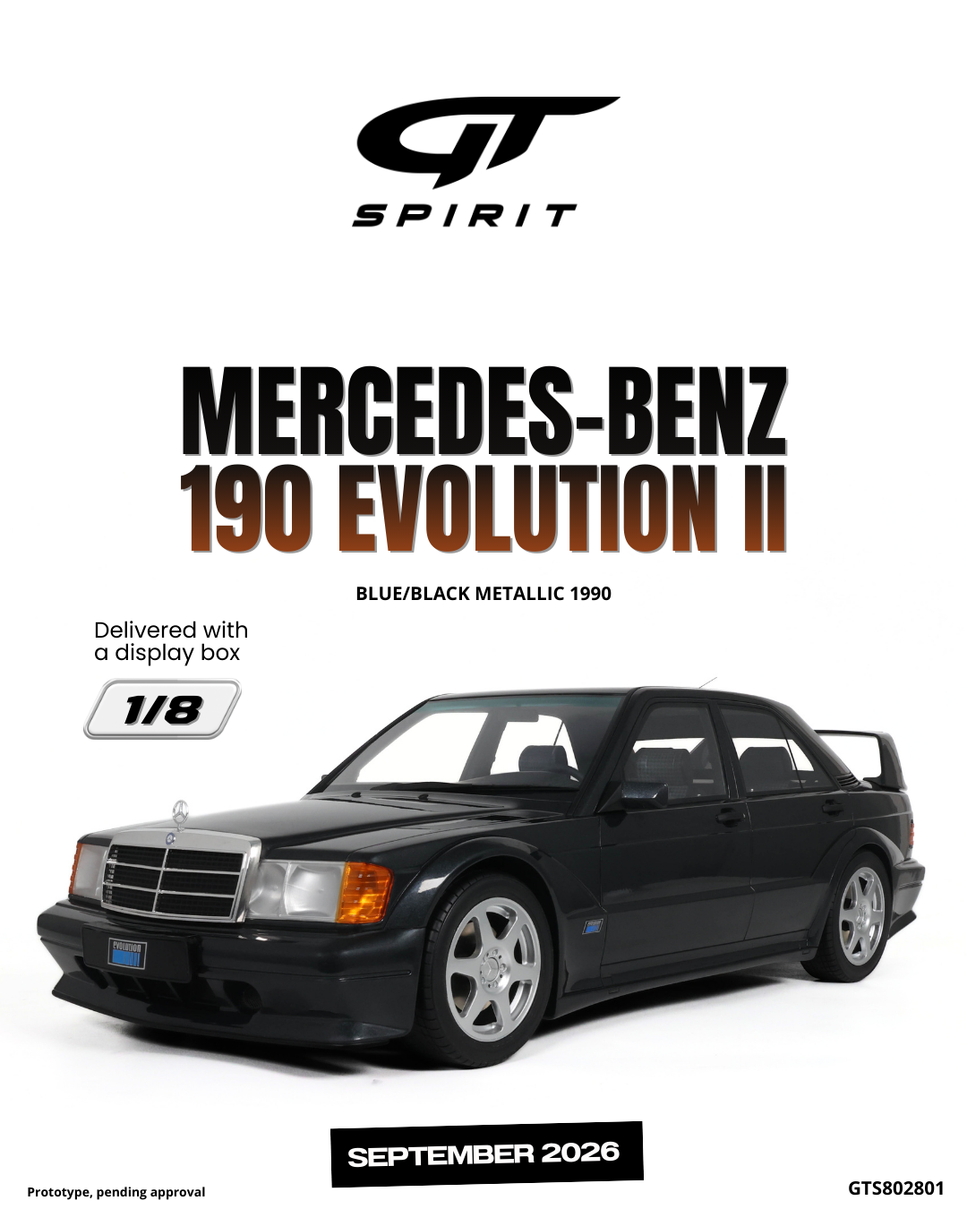 GT Spirit 1:8 Scale Resin, 1990 MERCEDES-BENZ 190 EVOLUTION II, BLUE/BLACK METALLIC - GTS802801