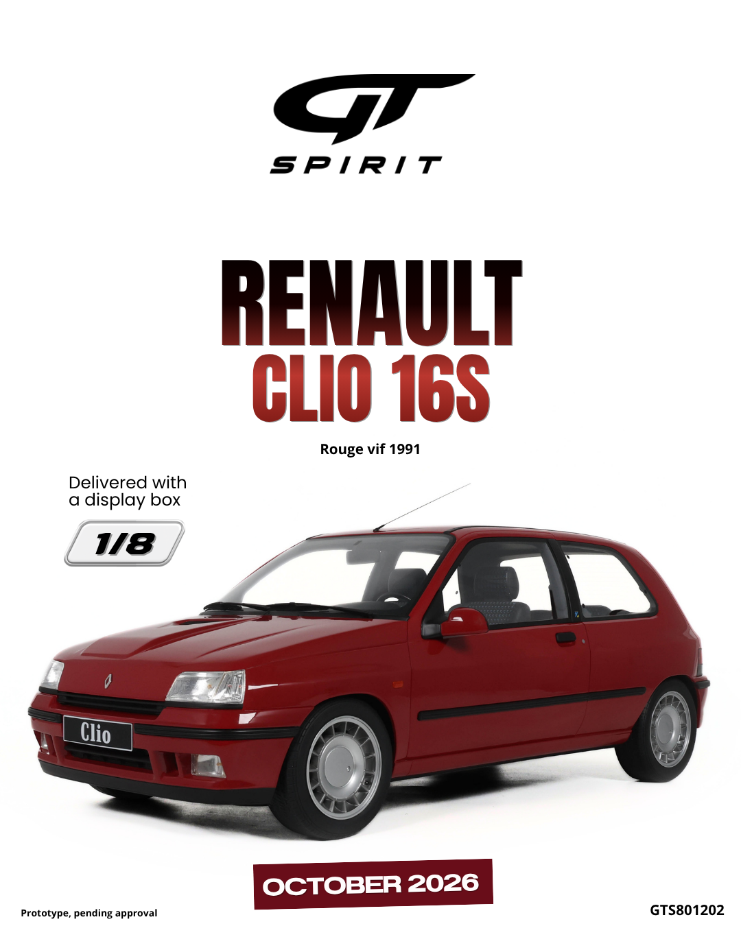 GT Spirit 1:8 Scale Resin, 1991 RENAULT CLIO 16S, ROUGE VIF - GTS801202