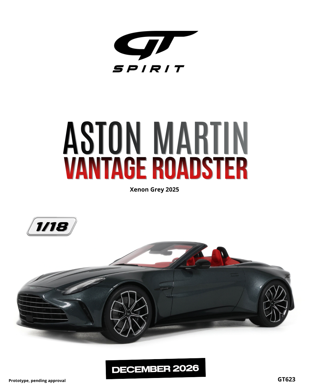 GT Spirit 1:18 Scale Resin, 2025 ASTON MARTIN VANTAGE ROADSTER, XENON GREY - GT623
