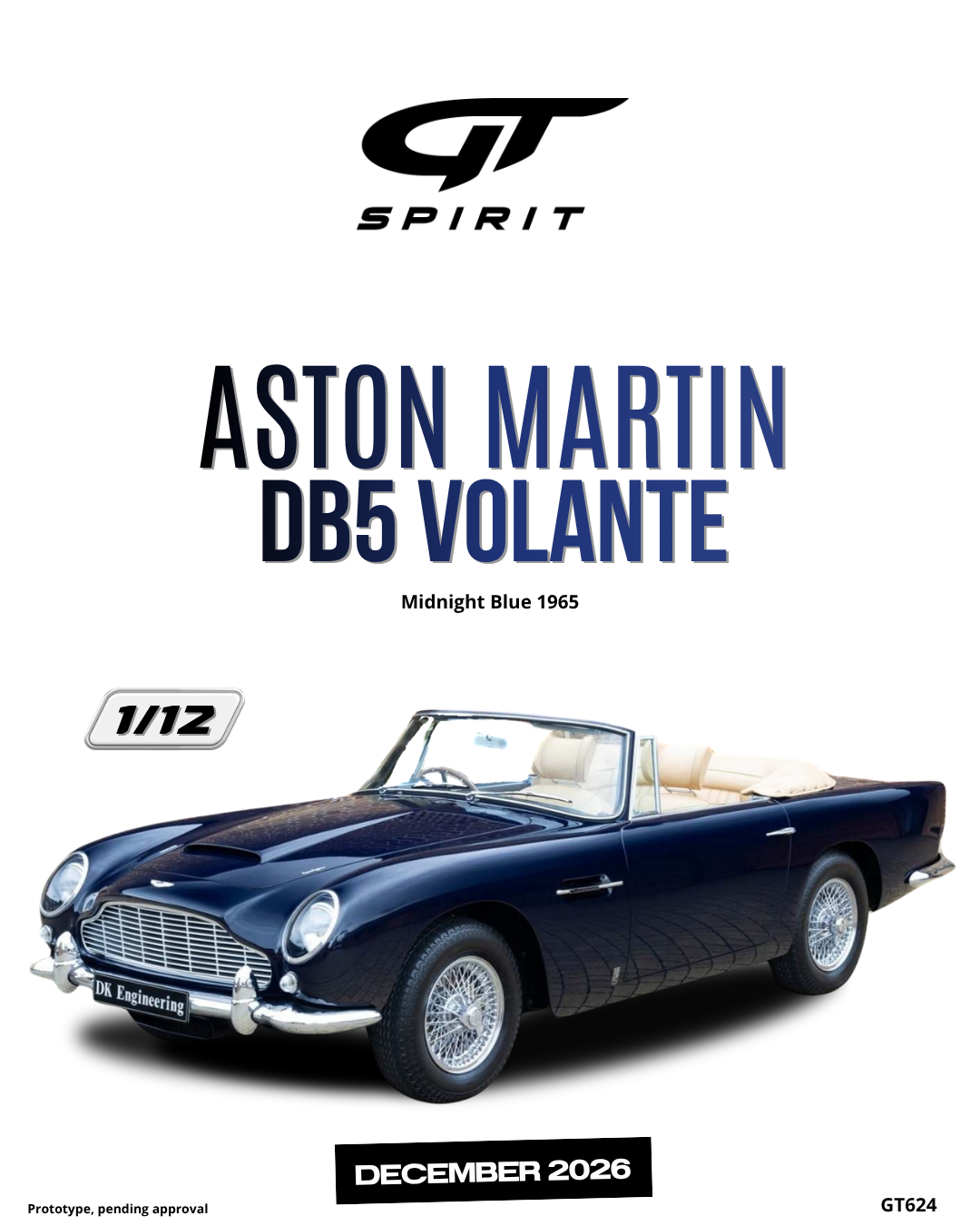 GT Spirit 1:12 Scale Resin, 1965 ASTON MARTIN DB5 VOLANTE, MIDNIGHT BLUE - GT624