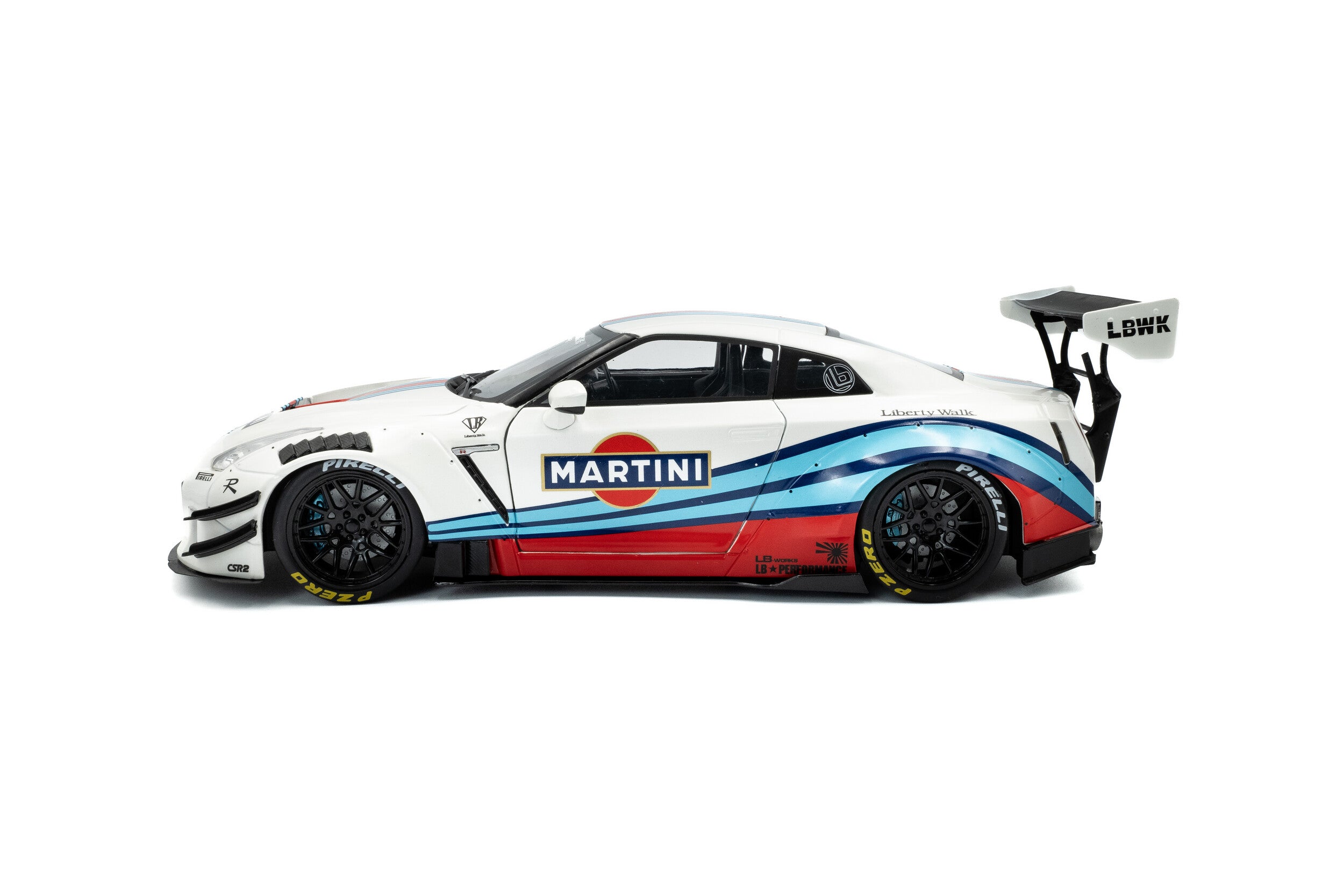 SOLIDO 1:18 Scale - 2024 Nissan GT-R (R35) W/ Liberty Walk Body Kit 2.0 M , White/Blue - S1805819