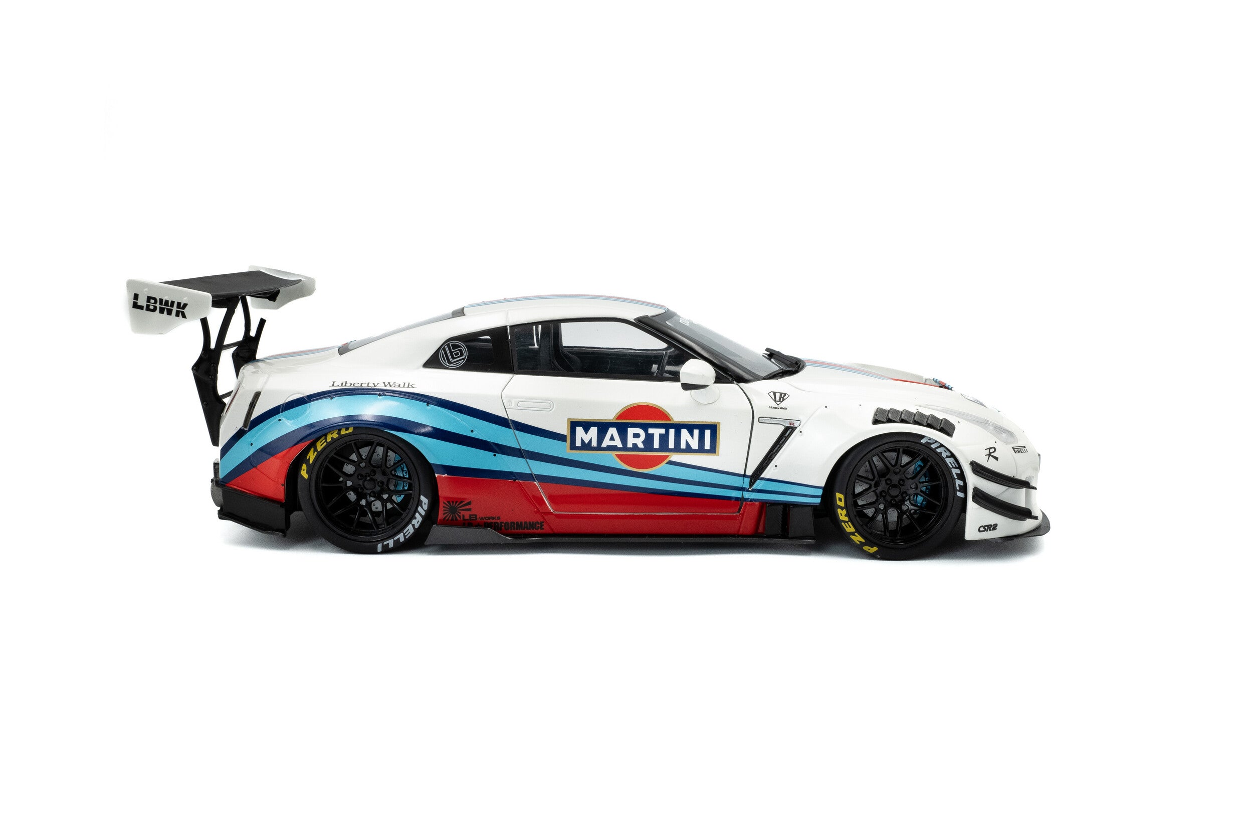 SOLIDO 1:18 Scale - 2024 Nissan GT-R (R35) W/ Liberty Walk Body Kit 2.0 M , White/Blue - S1805819