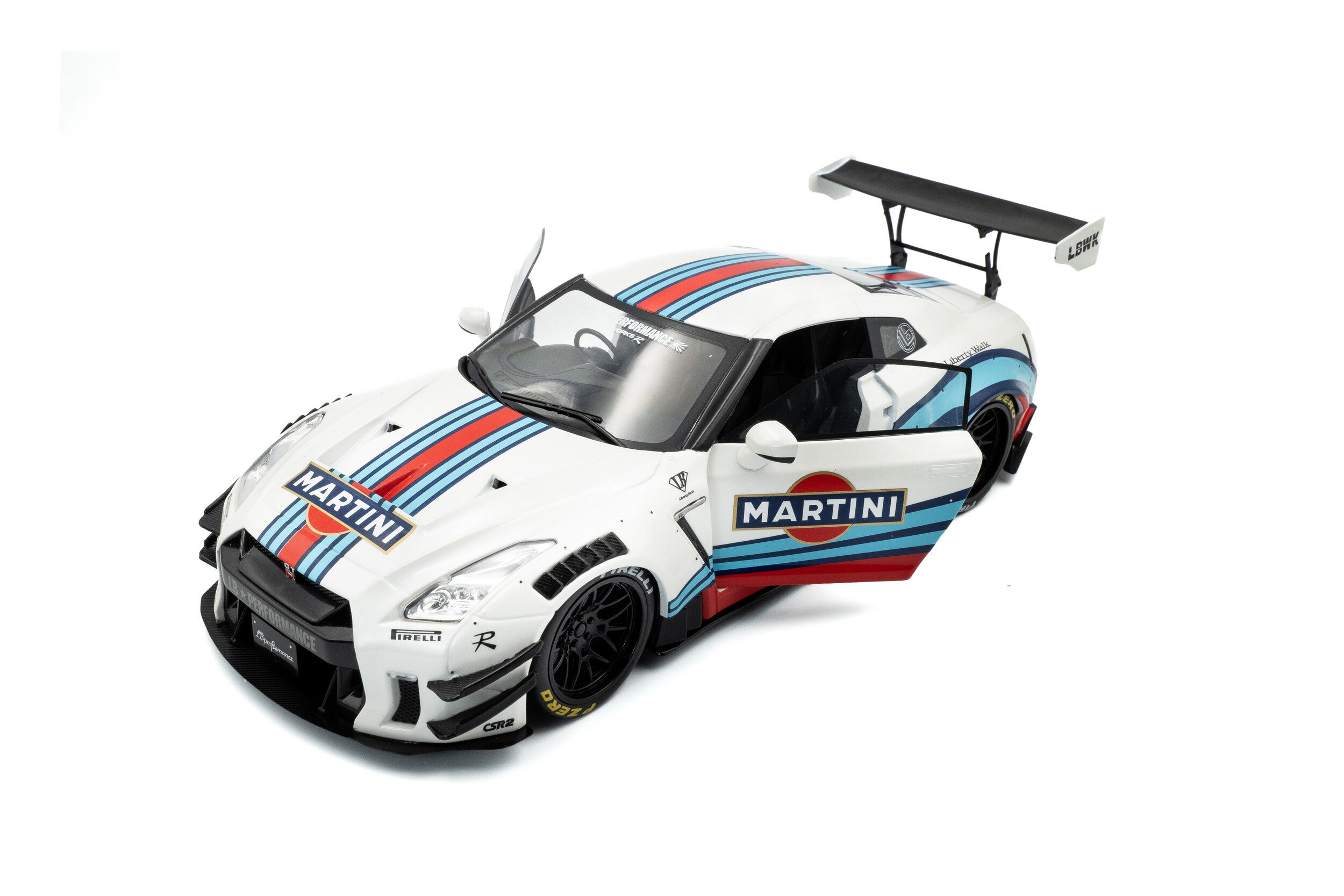 SOLIDO 1:18 Scale - 2024 Nissan GT-R (R35) W/ Liberty Walk Body Kit 2.0 M , White/Blue - S1805819