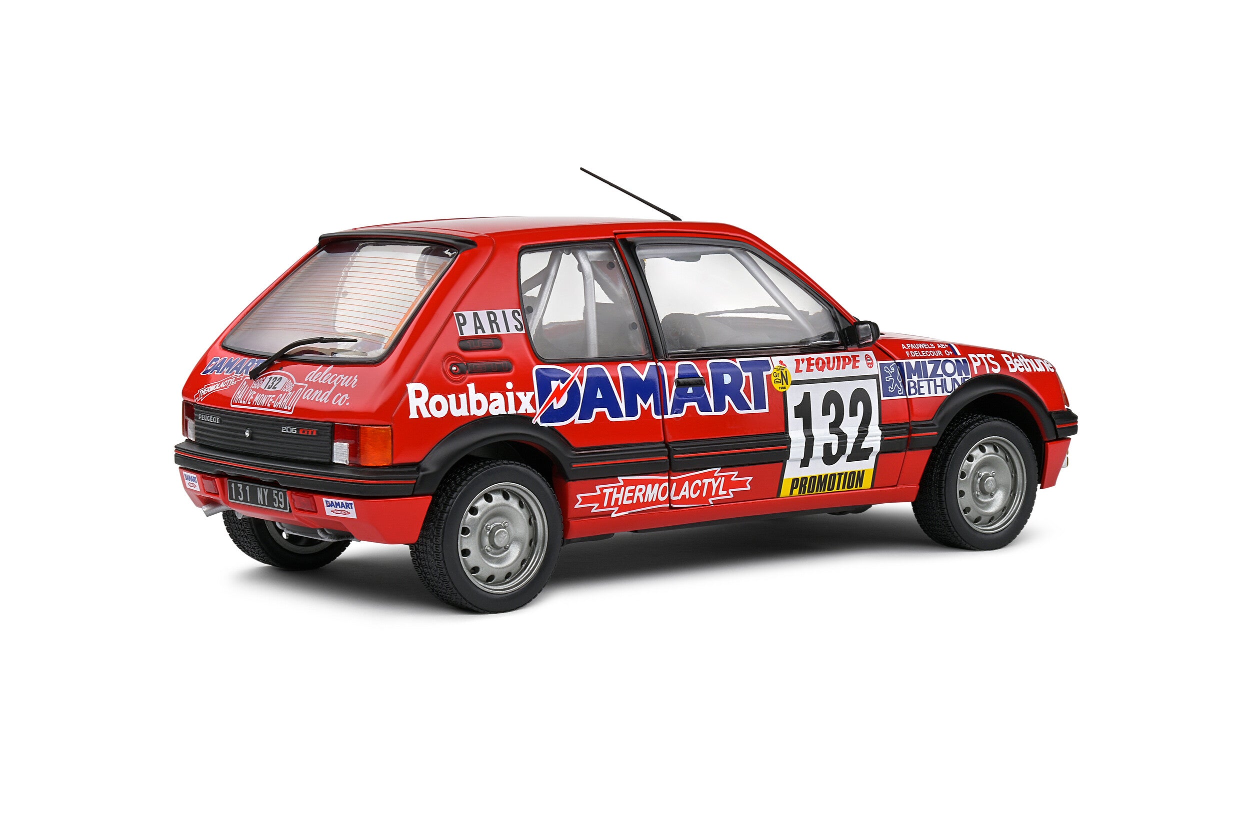 Solido 1:18 Diecast Model - Peugeot 205 Rallye GTi 1.6L – Rallye Monte Carlo – 1986 – #132 Delecour/Pauwels