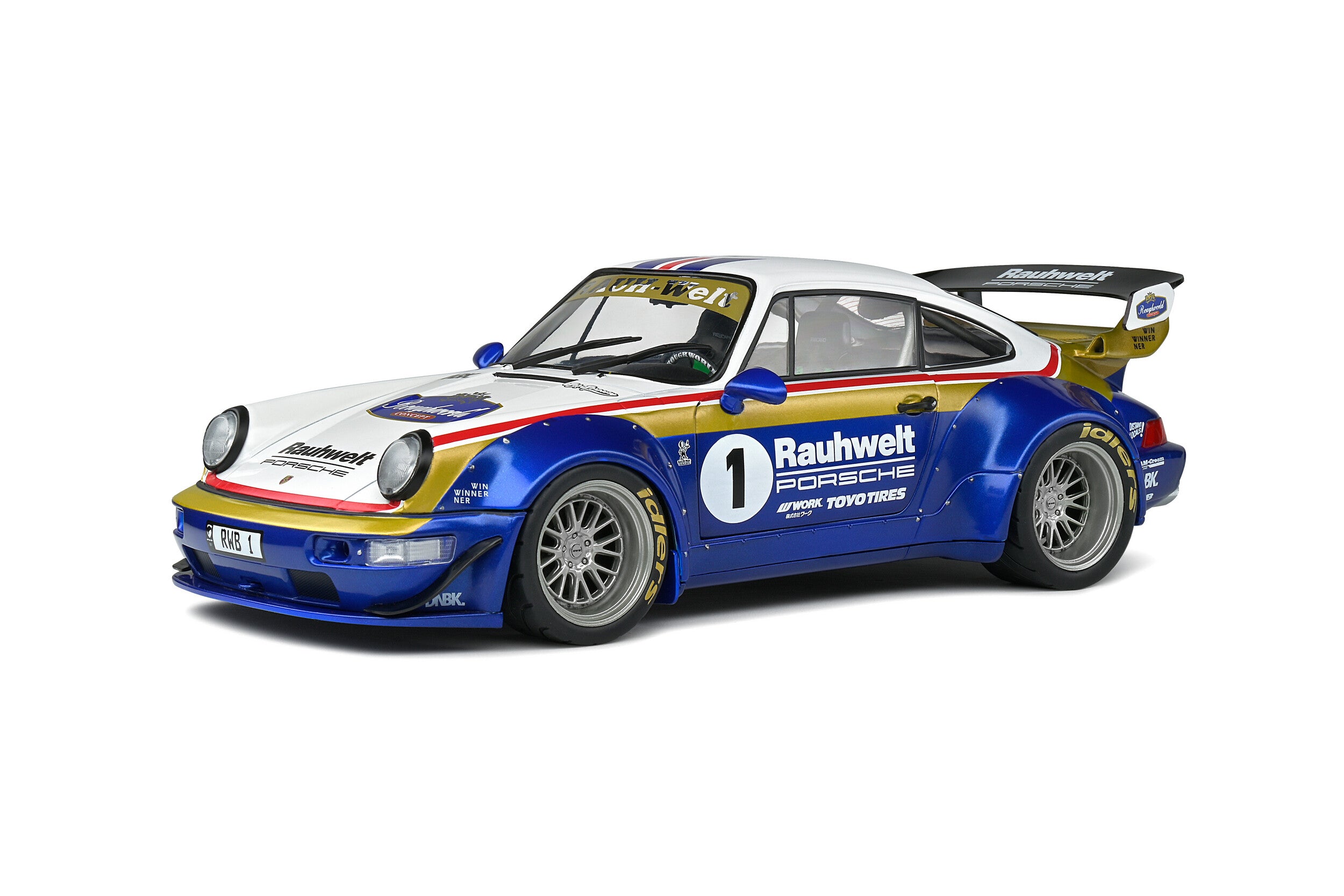 SOLIDO 1:18 Scale Diecast Model, Porsche 911 (964) RWB Rauhwelt #1 Rothmans Design White/Blue