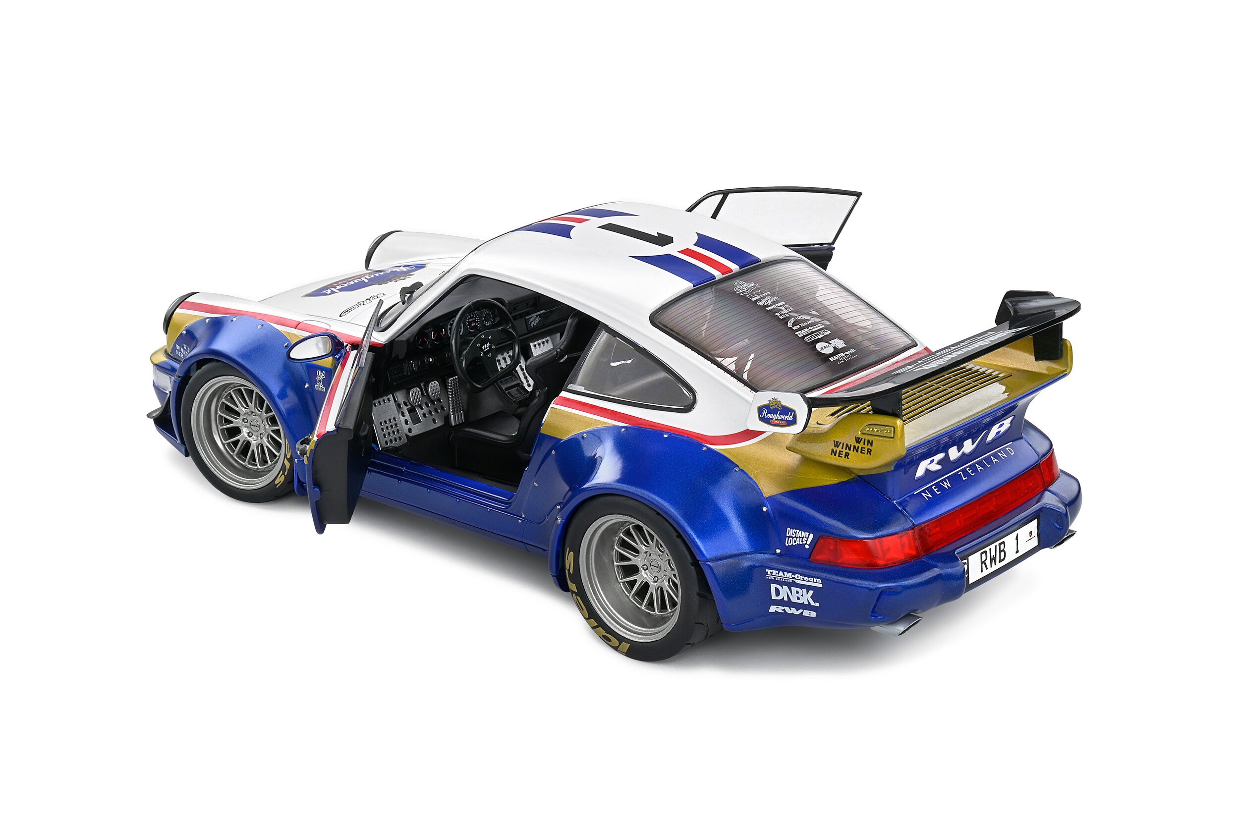 SOLIDO 1:18 Scale Diecast Model, Porsche 911 (964) RWB Rauhwelt #1 Rothmans Design White/Blue