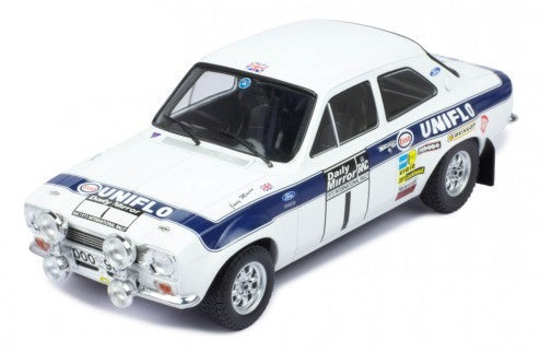 IXO 1:18 FORD ESCORT MK1 White RS1600 Uniflo RAC Rally 1973 #1 R.Clark / T.Mason