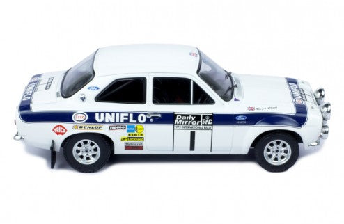 IXO 1:18 FORD ESCORT MK1 White RS1600 Uniflo RAC Rally 1973 #1 R.Clark / T.Mason