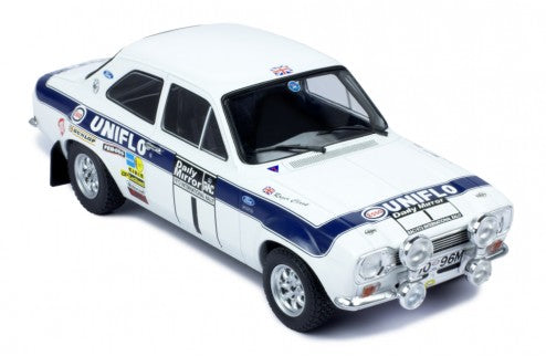 IXO 1:18 FORD ESCORT MK1 White RS1600 Uniflo RAC Rally 1973 #1 R.Clark / T.Mason