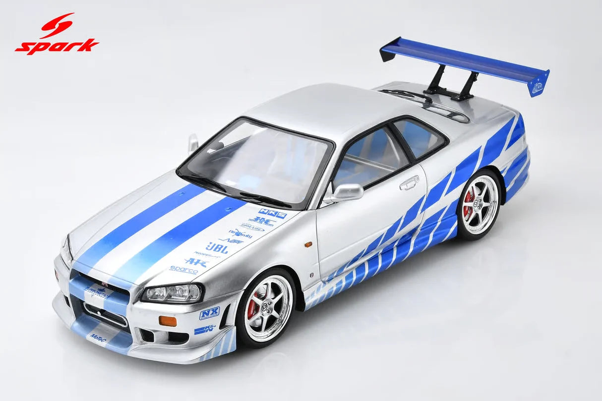 Spark Resin - 1:18 Nissan Skyline R34 GT-R "Fast & Furious" Silver/Blue Stripes - 18SP323