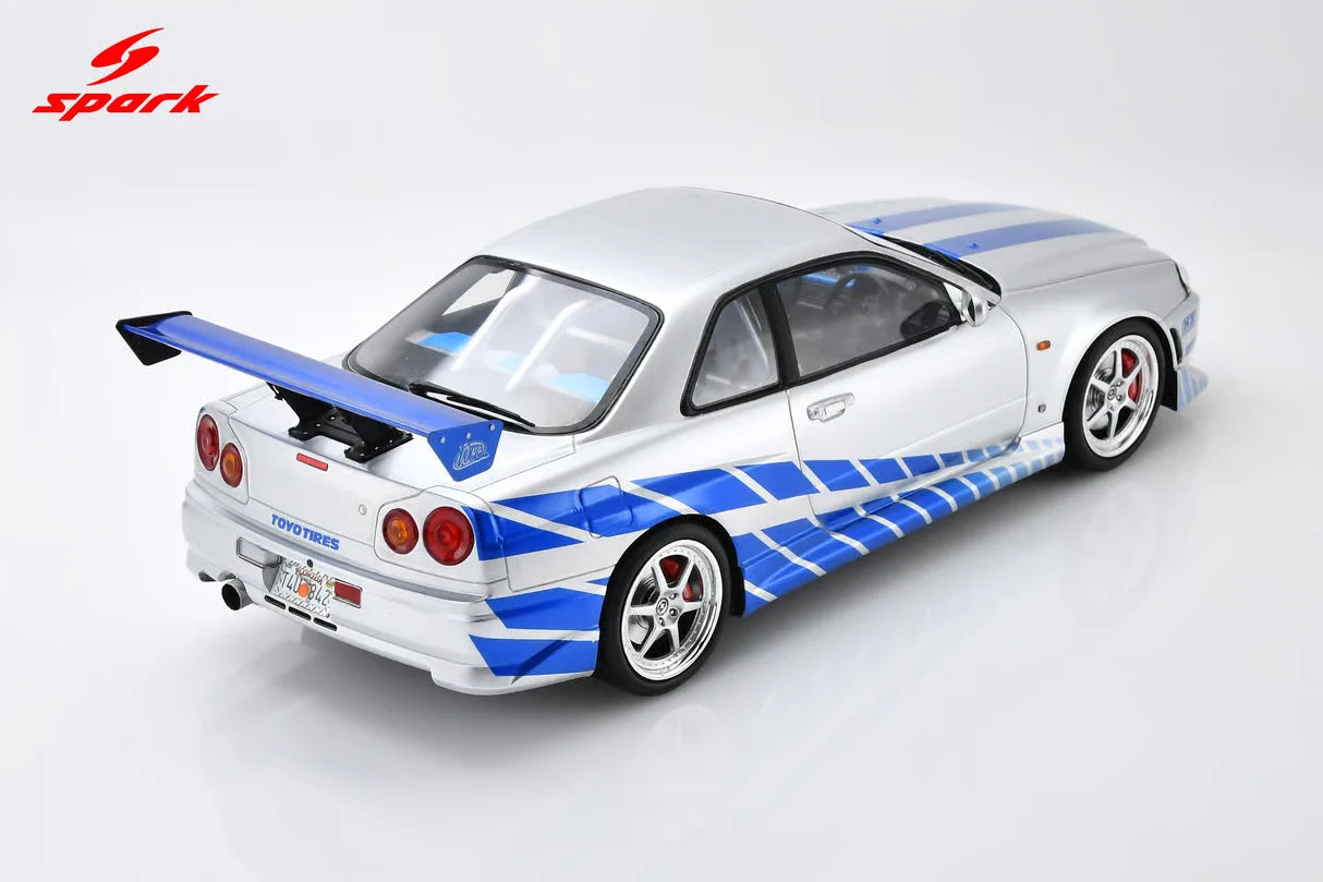 Spark Resin - 1:18 Nissan Skyline R34 GT-R "Fast & Furious" Silver/Blue Stripes - 18SP323