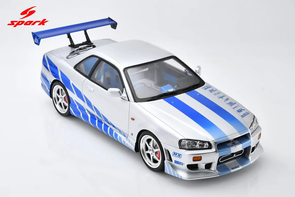 Spark Resin - 1:18 Nissan Skyline R34 GT-R "Fast & Furious" Silver/Blue Stripes - 18SP323
