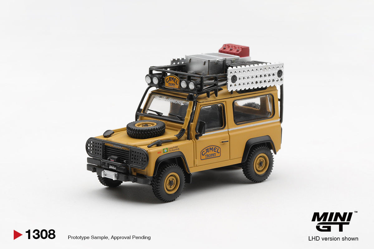 Mini GT 1:64 Diecast - LAND ROVER DEFENDER 90 1985 CAMEL TROPHY BORNEO TEAM BRAZIL (LHD), Yellow - MGT01308-L