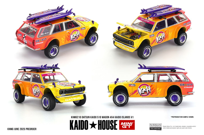 Mini GT 1:64 Datsun KAIDO 510 Wagon 4x4 Kaido Islands V1, Yellow/Orange - KHMG210