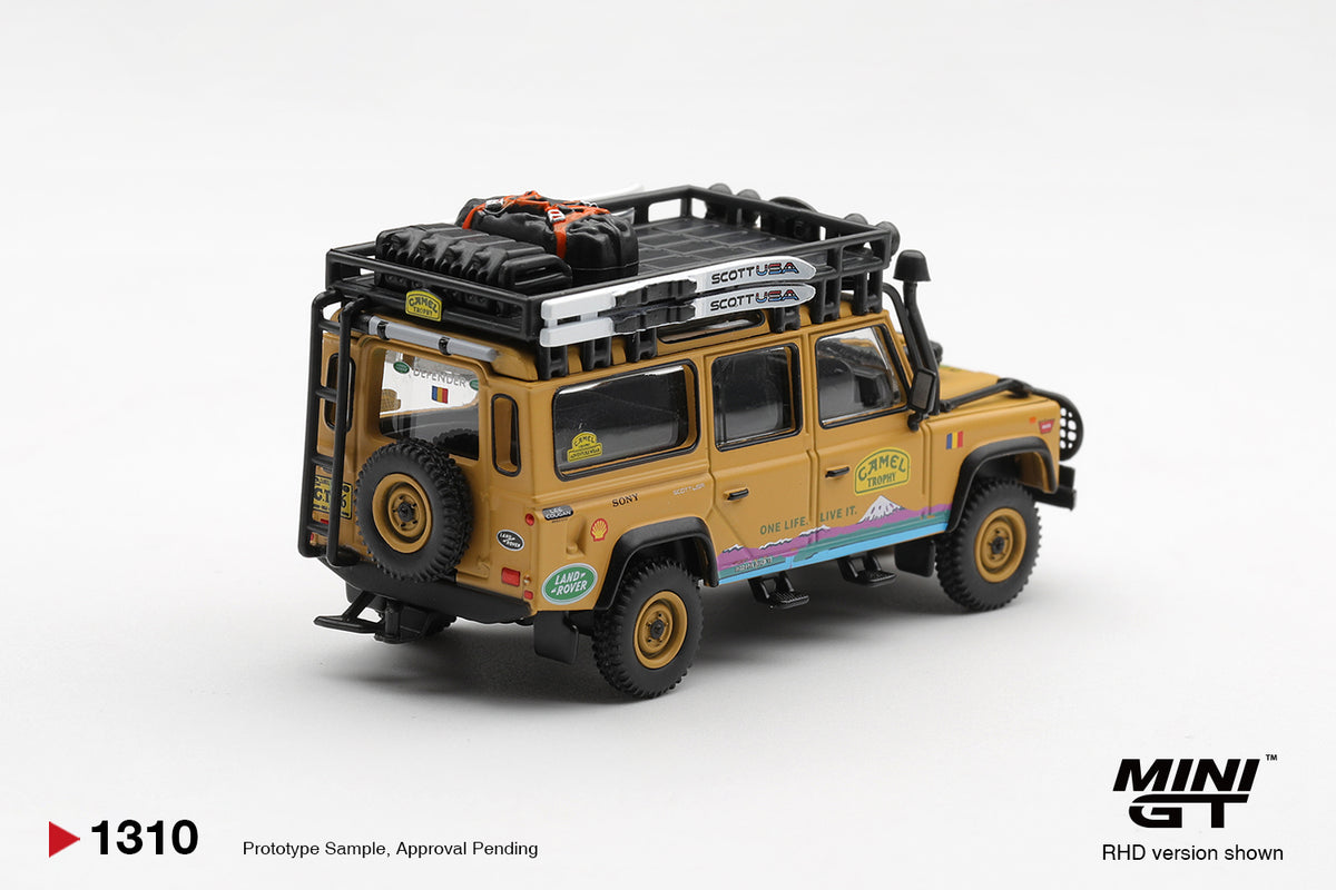 Mini GT 1:64 Diecast - LAND ROVER DEFENDER 110 1998 CAMEL TROPHY TIERRA DEL FUEGO CT.36 ROMANIA (RHD), Yellow - MGT01310-L