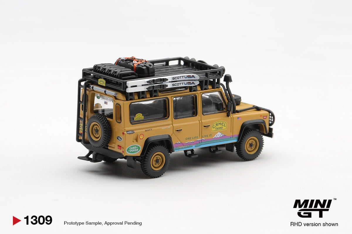 Mini GT 1:64 Diecast - LAND ROVER DEFENDER 110 1998 CAMEL TROPHY TIERRA DEL FUEGO CT.10 USA (RHD), Yellow - MGT01309-L