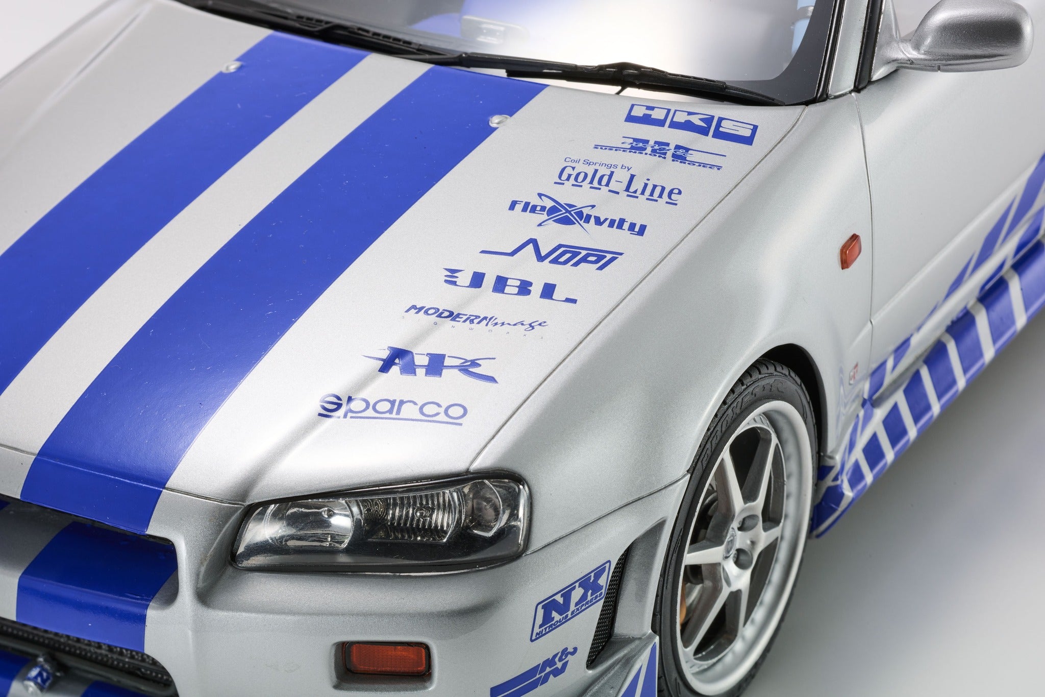 Kyosho Resin - 1:12 Nissan Skyline R34 GT-R 2001 "Fast & Furious" Silver/Blue Stripes - KSR12007A