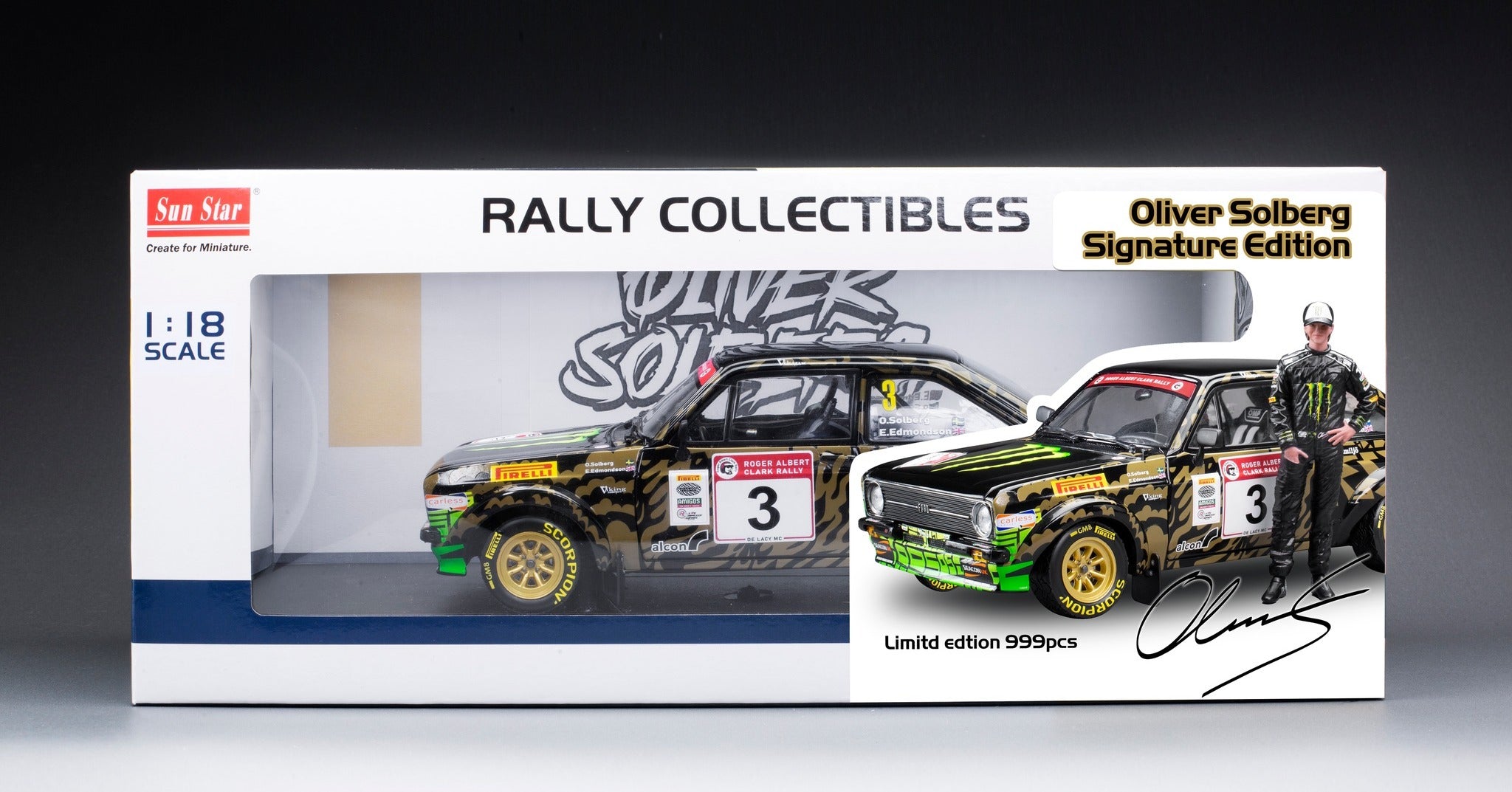 SUNSTAR 1:18 Scale - Ford Escort RS1800 - #3 O.Solberg/E.Edmondson - Roger Albert Clark Rally 2023 with Oliver Solberg Figure) (limited edition 999pcs) - 4864F