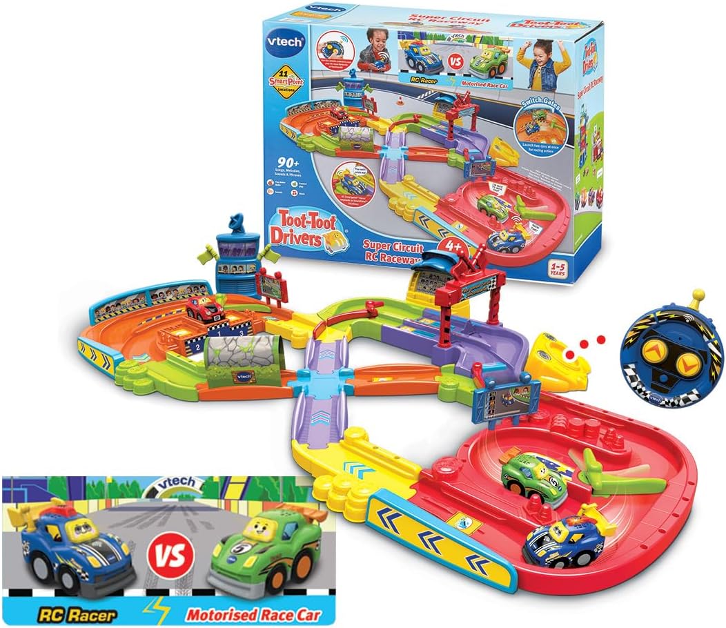 VTech Toot-Toot Drivers Super Circuit RC Raceway, Toy Car Playset with 2 Vehicles Included, 3 Exciting Crash Zones, Songs & Fun Phrases, Interactive Toddler Toy 12 Months, 2, 3, 4, 5