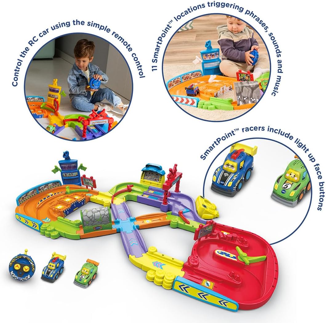 VTech Toot-Toot Drivers Super Circuit RC Raceway, Toy Car Playset with 2 Vehicles Included, 3 Exciting Crash Zones, Songs & Fun Phrases, Interactive Toddler Toy 12 Months, 2, 3, 4, 5