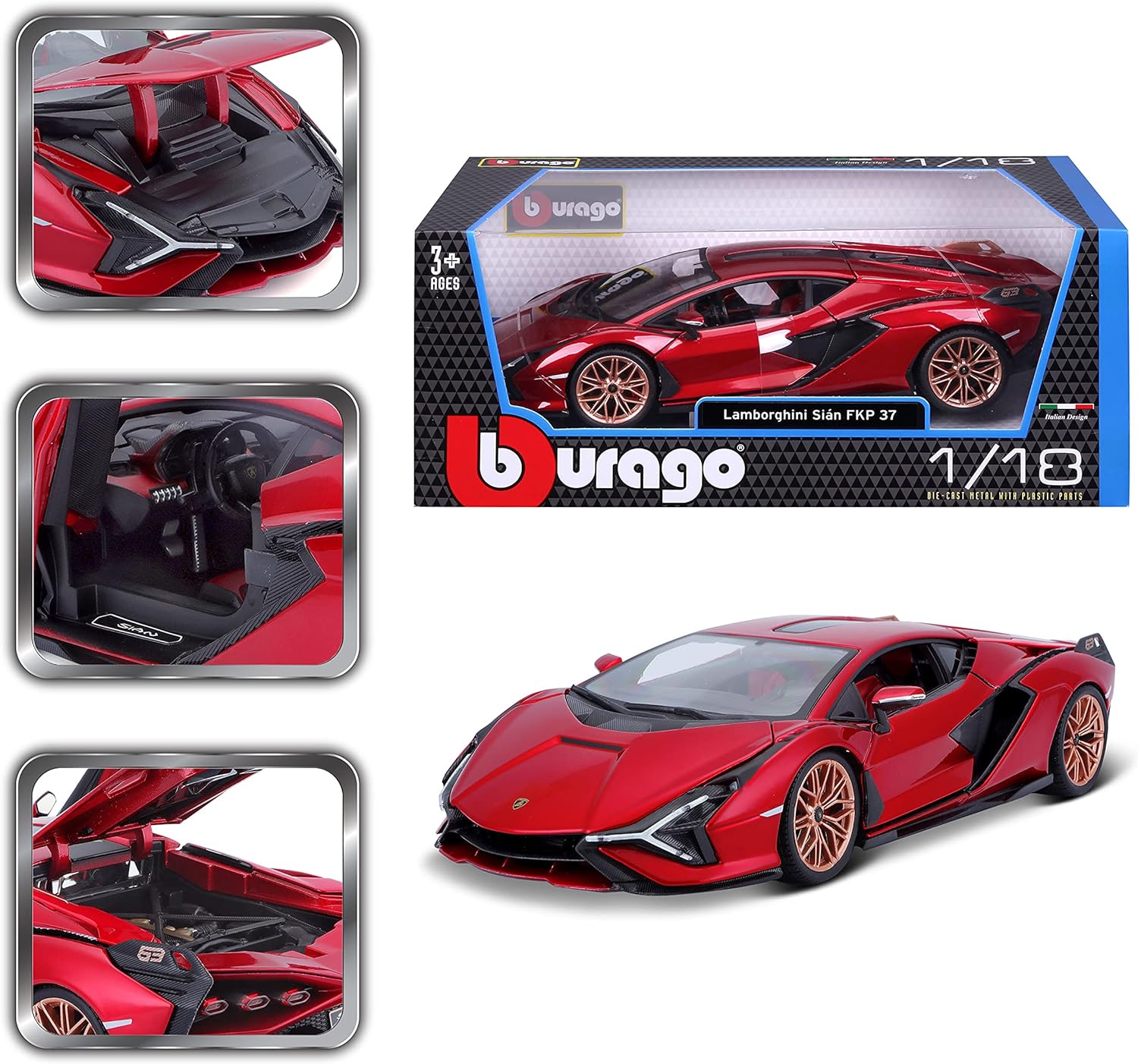 BBURAGO 1:18 Scale - Lamborghini Sian FKP 37 2019 in Red - Diecast Model Car