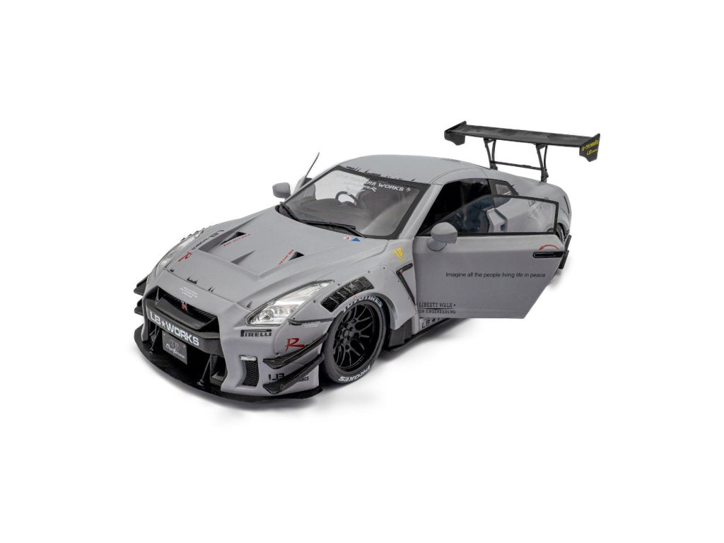 Solido 1:18 Diecast - 2024 Nissan GT-R (R35) w/Liberty Walk Body Kit Type 2.0 with Kato Figure, Grey - S1805821