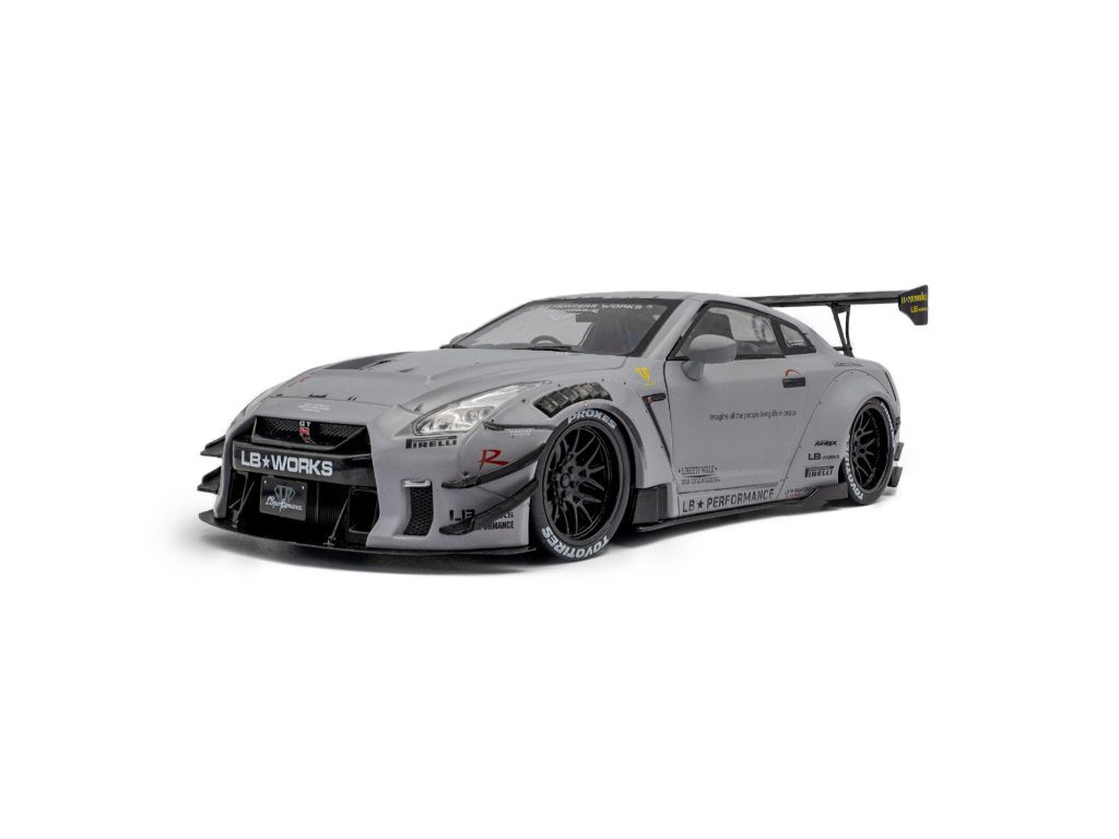 Solido 1:18 Diecast - 2024 Nissan GT-R (R35) w/Liberty Walk Body Kit Type 2.0 with Kato Figure, Grey - S1805821