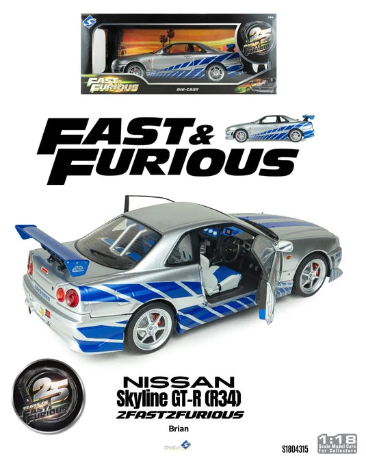 Solido Diecast - 1:18 Nissan Skyline GT-R (BNR34) "2Fast 2Furious" Silver/Blue- S1804315A