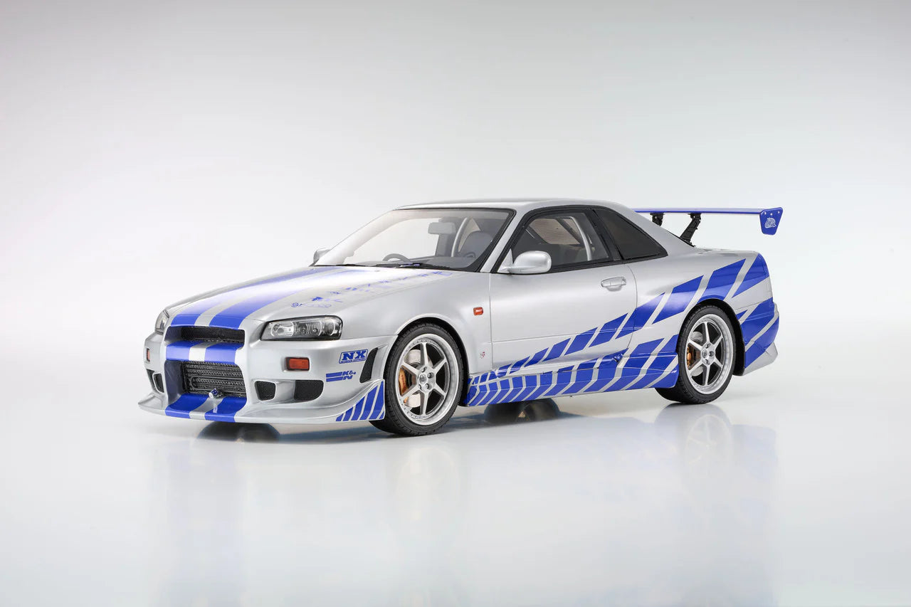 Kyosho Resin - 1:12 Nissan Skyline R34 GT-R 2001 "Fast & Furious" Silver/Blue Stripes - KSR12007A