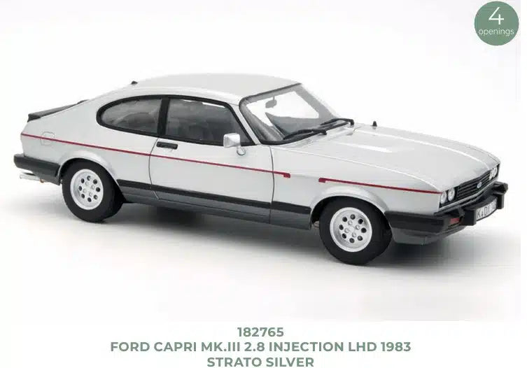 NoRev 1:18 Diecast Model Car, 1983 Ford Capri Mk3 2.8 Injection LHD, Strato Silver - 182765
