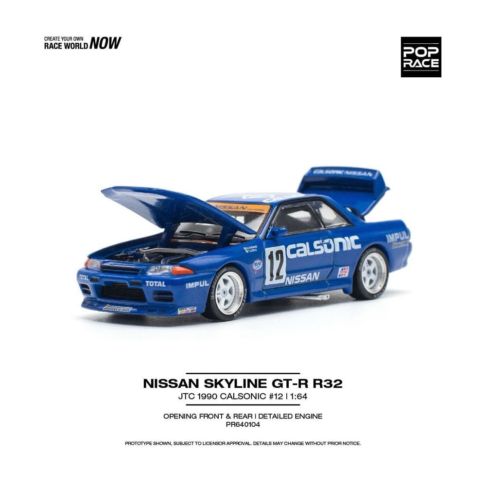 Pop Race 1:64 Diecast Car - Nissan Skyline GT-R R32 JTC 1990, Calsonic #12, Blue- PR64-104