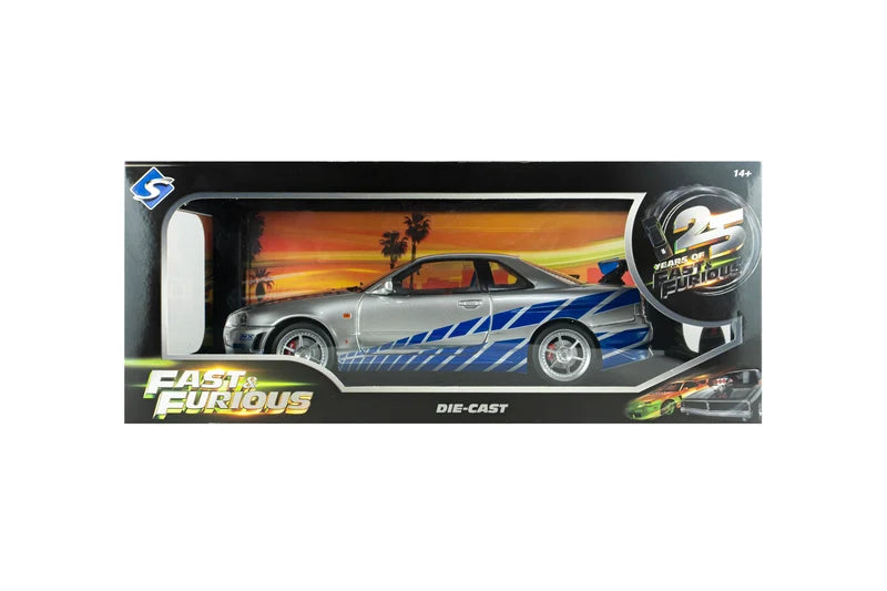 Solido Diecast - 1:18 Nissan Skyline GT-R (BNR34) "2 Fast 2 Furious" Silver/Blue- S1804315A