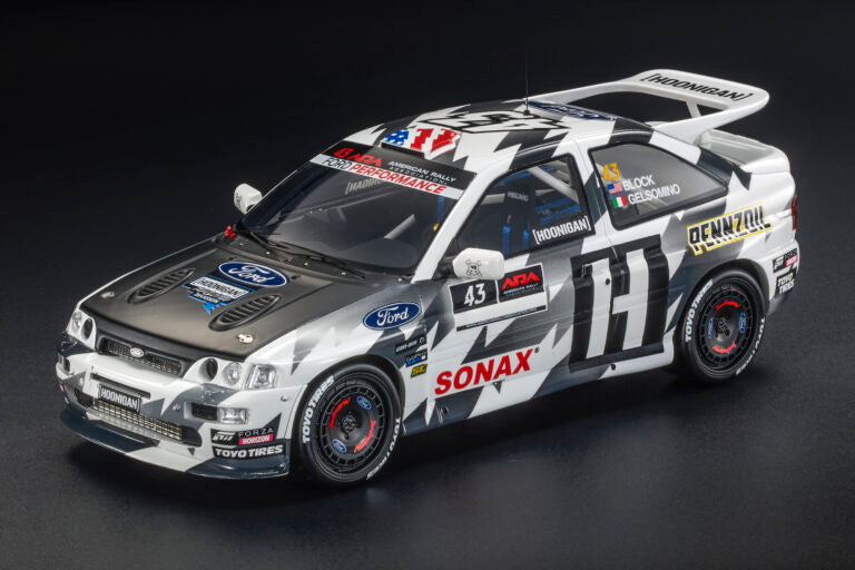 Top Marques 1:43 Scale - Ford Escort RS Cosworth N 43 HOONIGAN - 3rd Rally Train Oregon 2018 Ken Block - Alessandro Gelsomino - Black with Tyres - TM43-031B