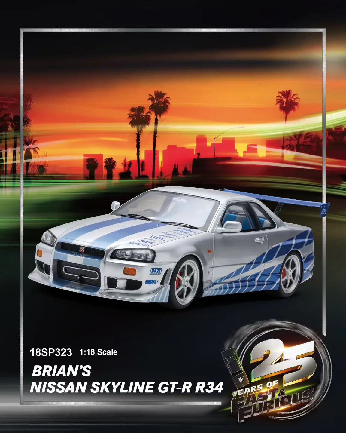Spark Resin - 1:18 Nissan Skyline R34 GT-R "Fast & Furious" Silver/Blue Stripes - 18SP323