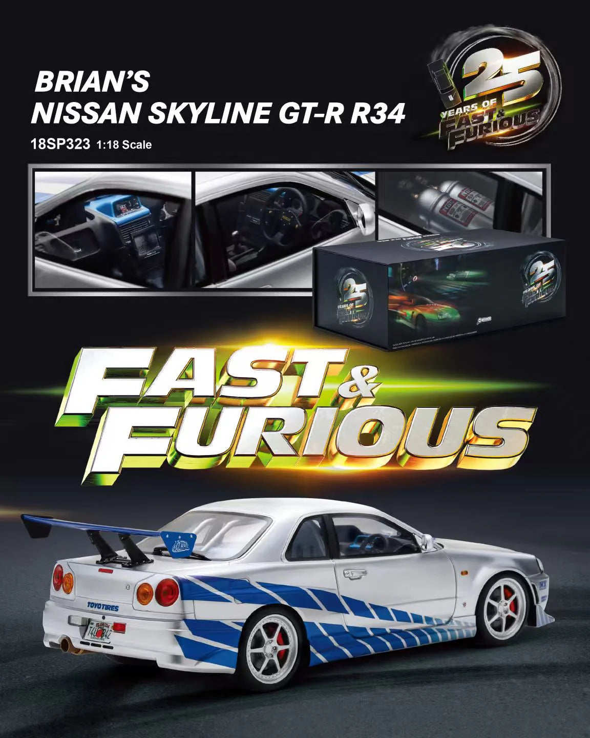 Spark Resin - 1:18 Nissan Skyline R34 GT-R "Fast & Furious" Silver/Blue Stripes - 18SP323