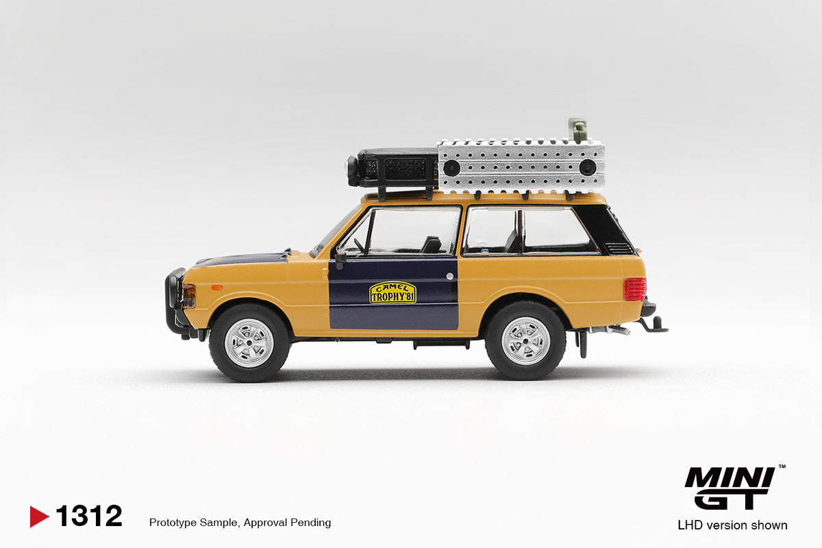 MiniGT 1:64 Diecast - RANGE ROVER 1981 CAMEL TROPHY SUMATRA H.FISCHER AND W.BAYS (LHD), Yellow - MGT01312-L