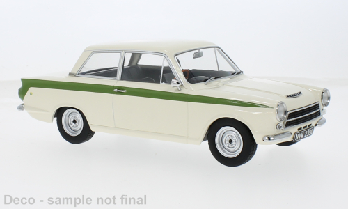 MCG 1:18 Scale Diecast -  1965 Ford Lotus Cortina Mk1 in White/Green (RHD) - MCG18434