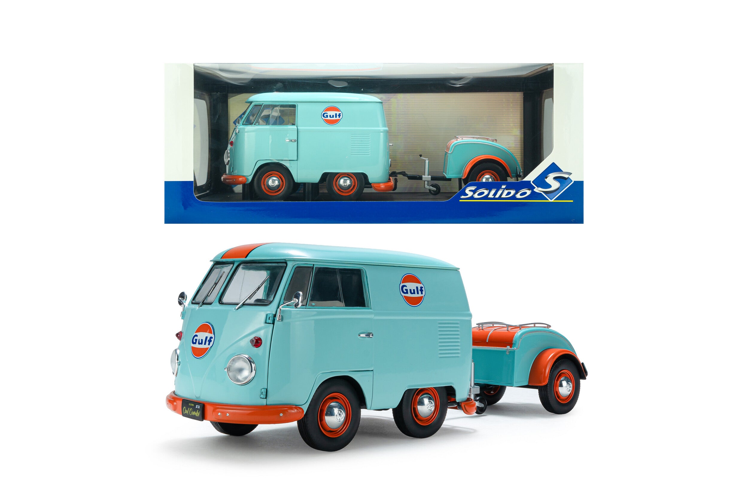 SOLIDO 1:18 Scale - 2024 Volkswagen VW Cool Combi Gulf Oil Tribute, Mint Green and Orange - S1810908