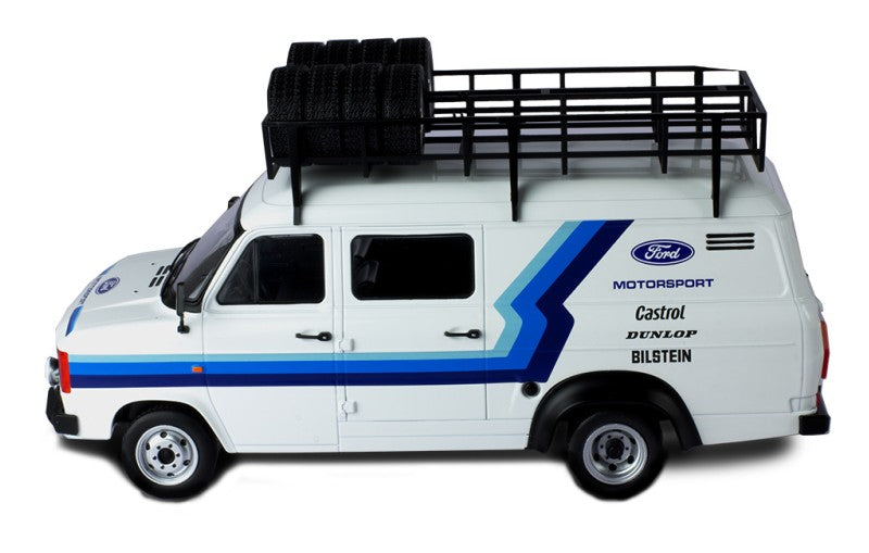 IXO 1:18 Scale Diecast FORD TRANSIT MK 2 Team Ford with roof rack + accessories