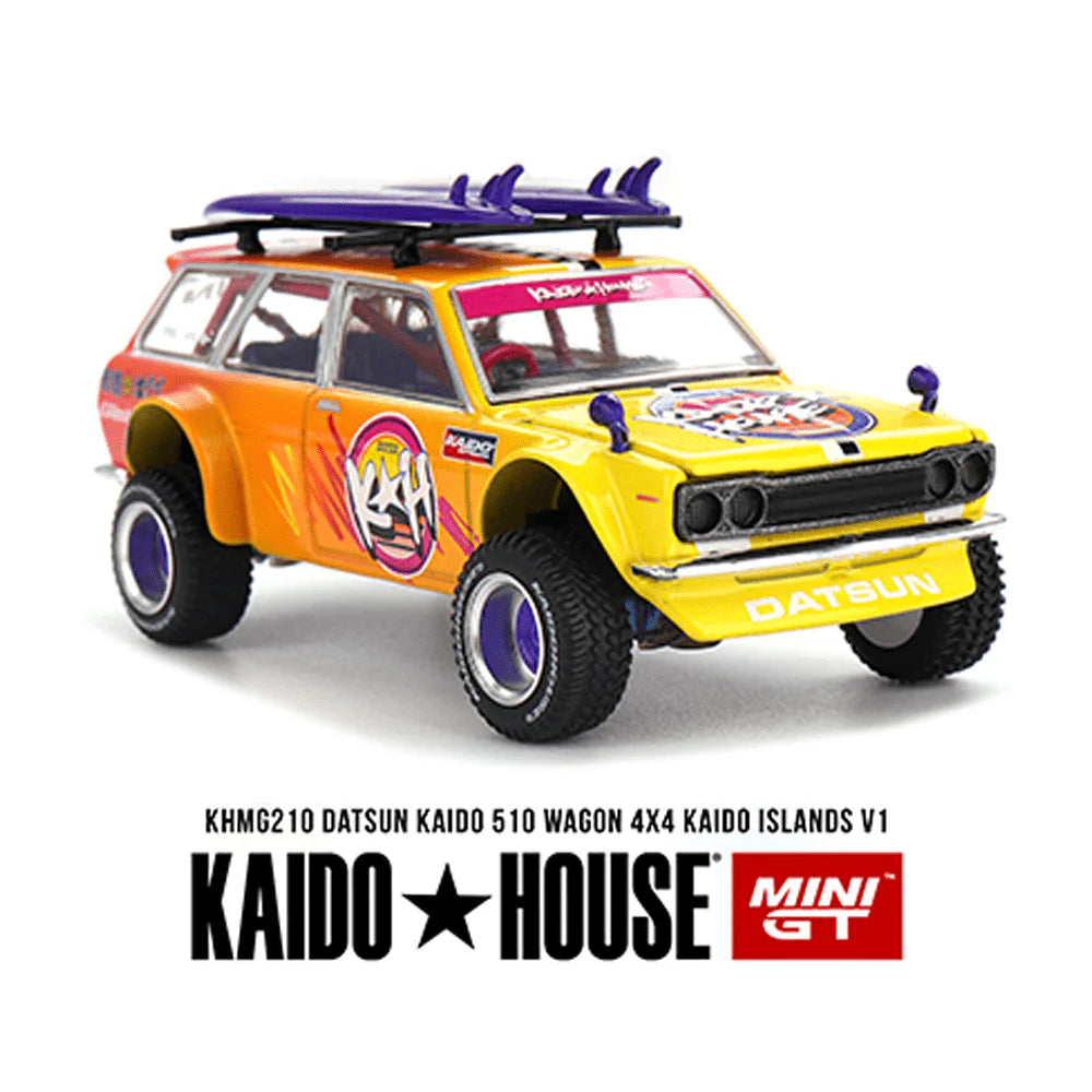Mini GT 1:64 Datsun KAIDO 510 Wagon 4x4 Kaido Islands V1, Yellow/Orange - KHMG210
