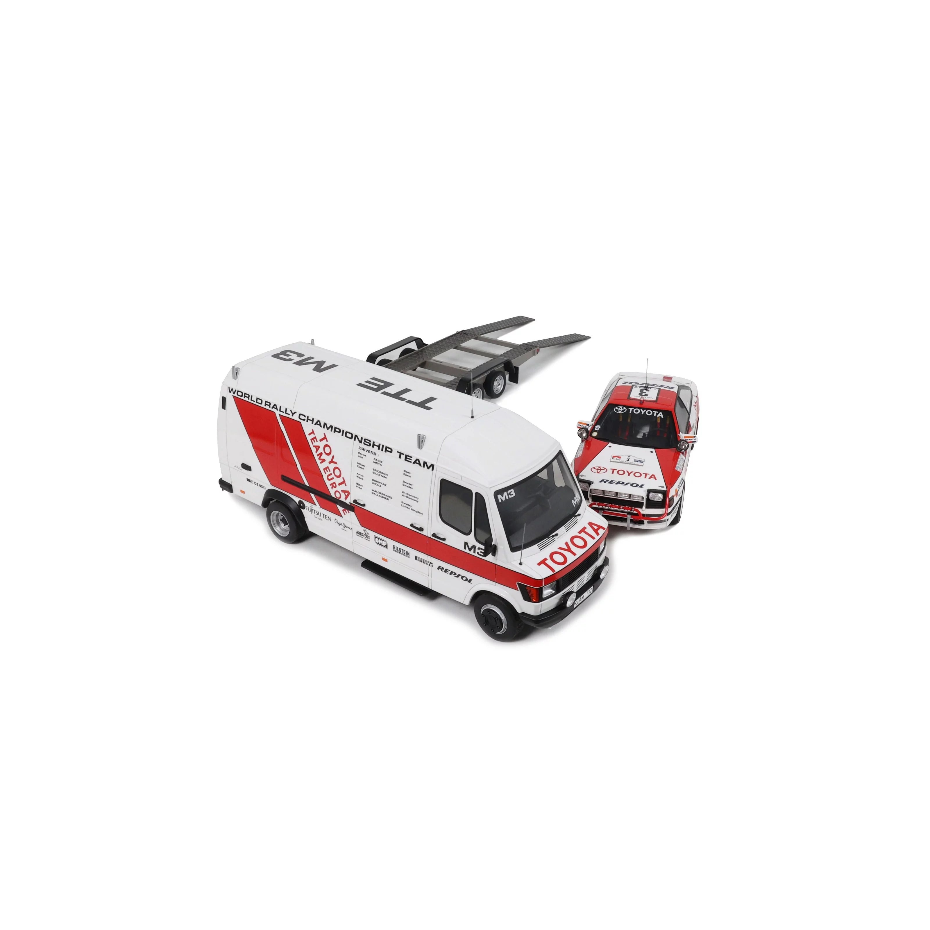 OTTO 1:18 Scale Resin - Rallye Pack Mercedes Benz T1, Trailer and Toyota Celica ST 165 Gr.A RAC Safari 1990 - Red/White - OT480