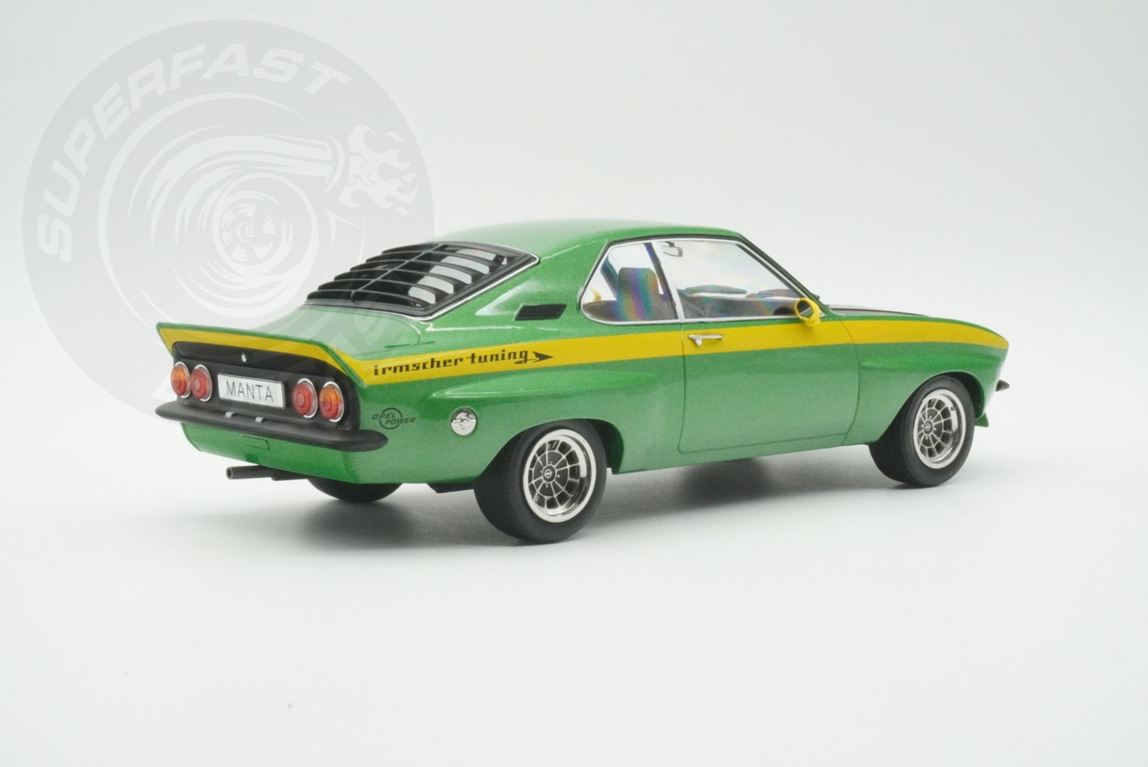MCG 1:18 Scale Diecast - 1974 Opel Manta A Irmscher, Green/Yellow - MCG18425
