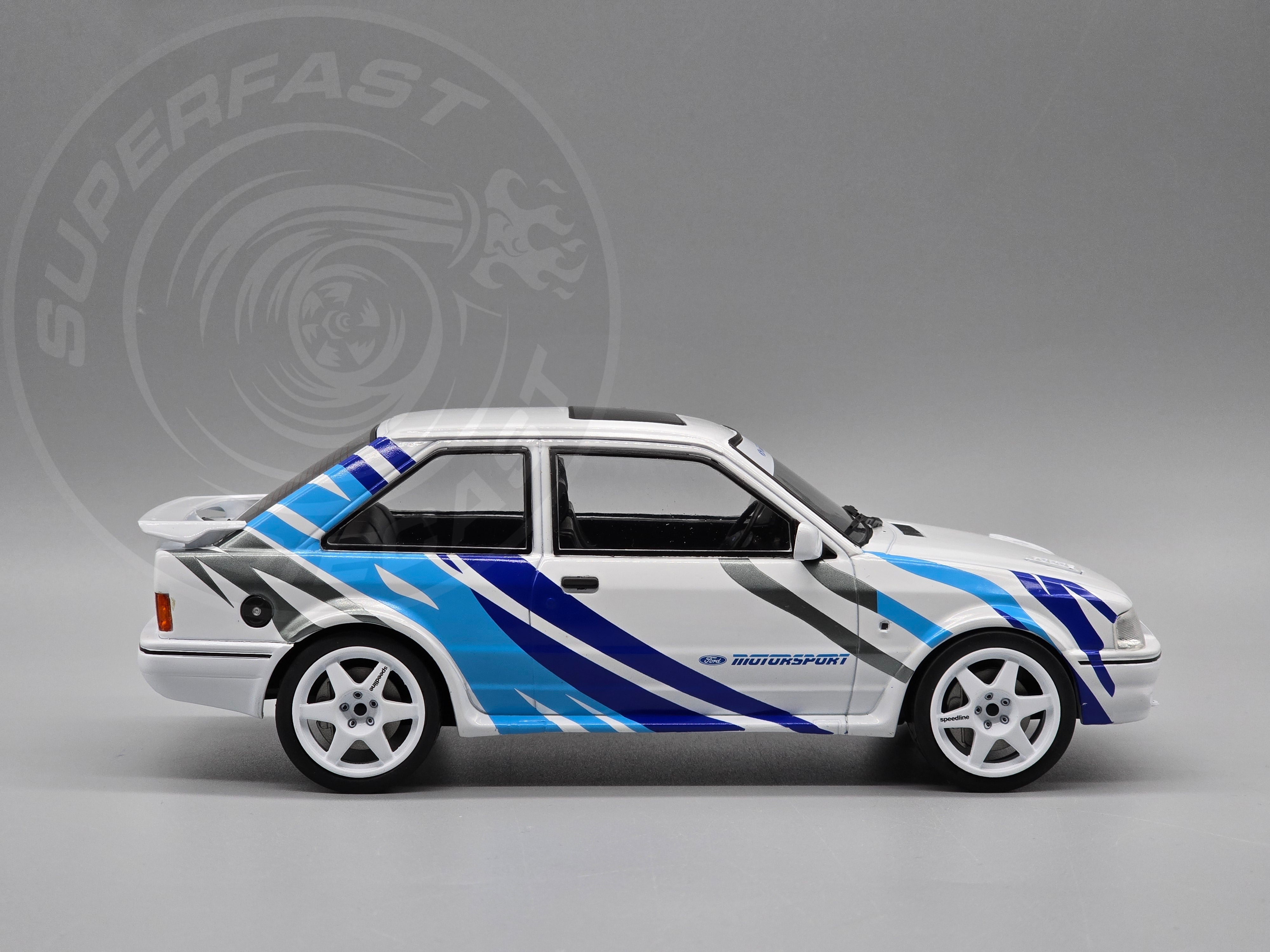 MCG 1:18 1990 Ford Escort Mk4 RS Turbo (Series 2) - White/Blue Tiger Stripes - MCG18547