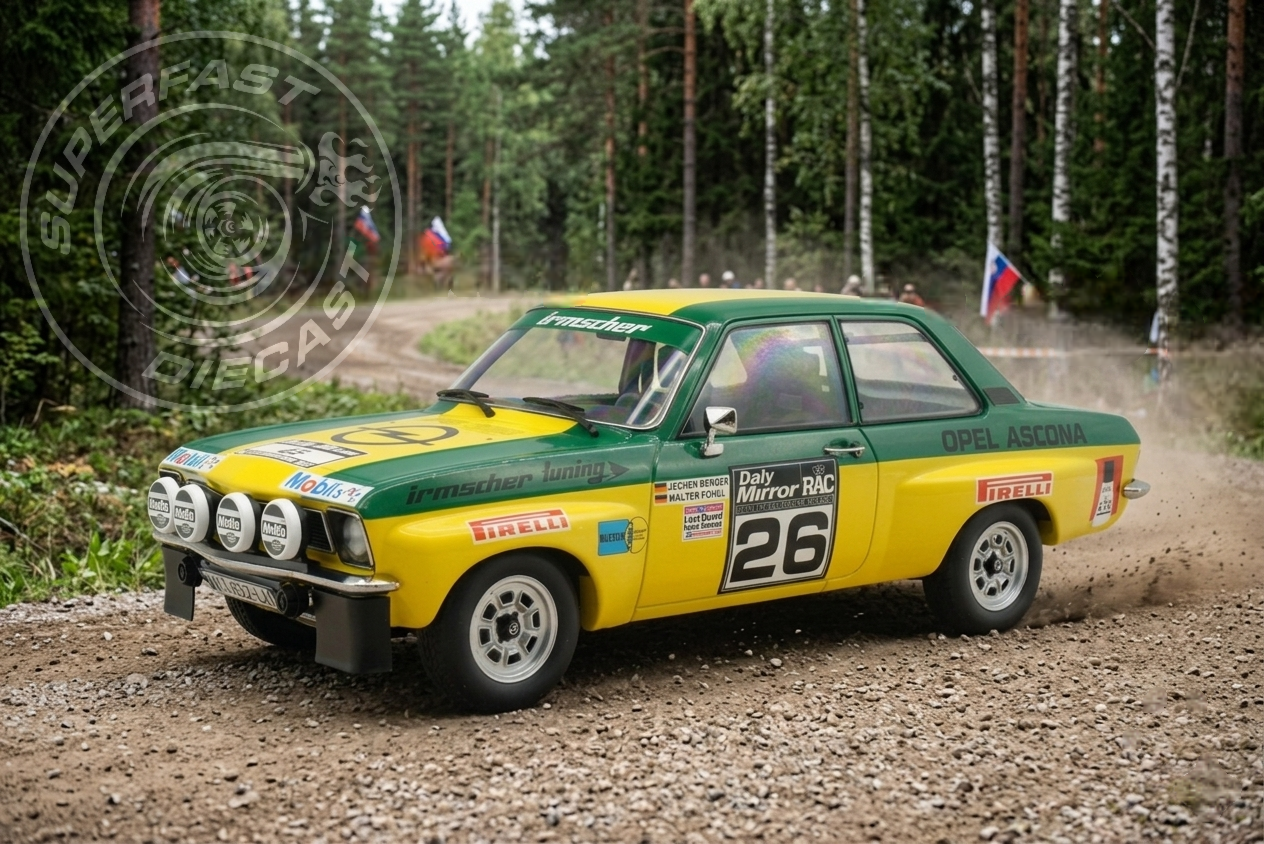 MCG 1:18 Diecast - Opel Ascona A, RAC Rally, 1973, #26, W.Röhrl/J.Berger, Yellow/Green - MCG18346R