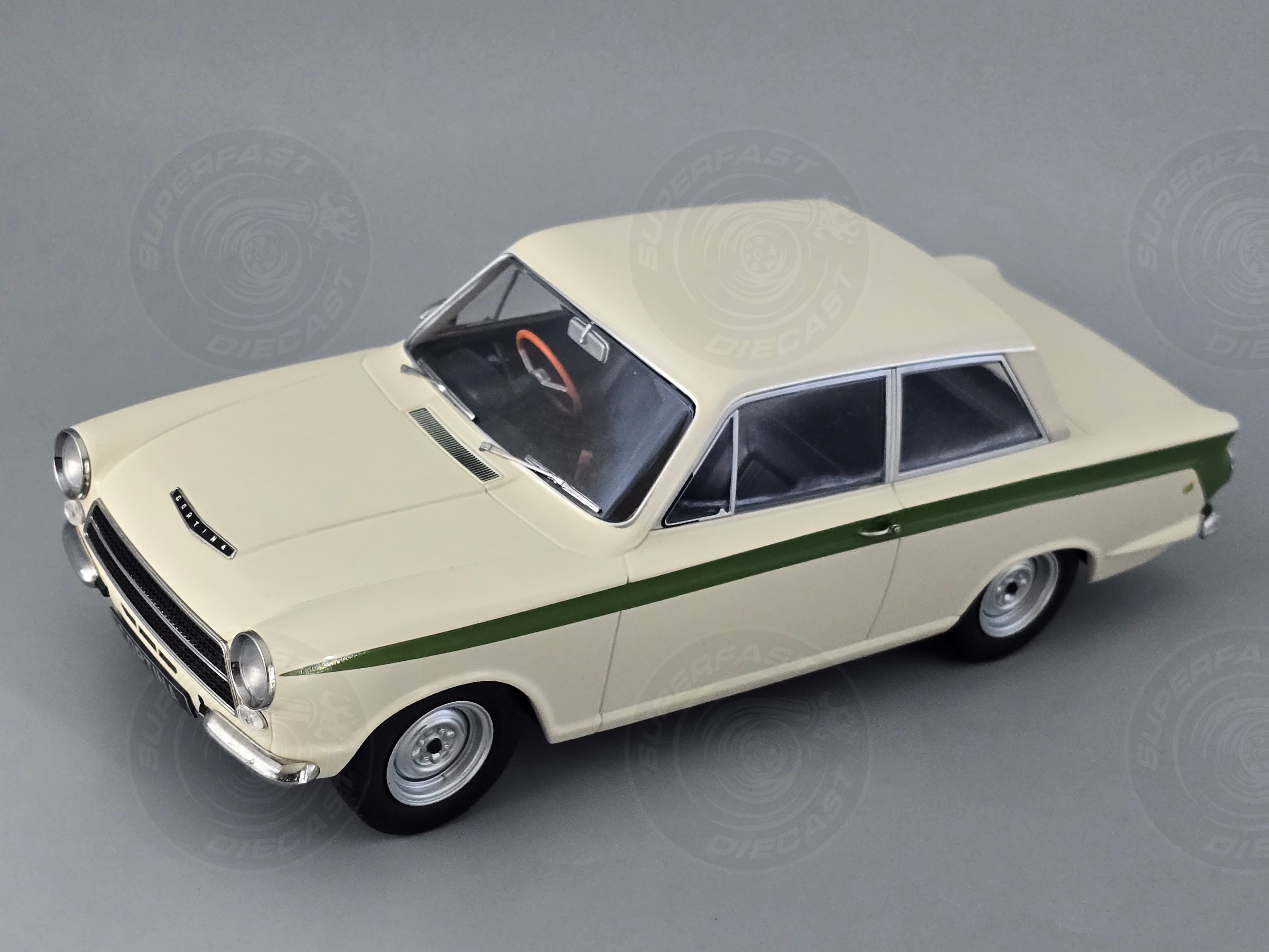 MCG 1:18 Scale Diecast -  1965 Ford Lotus Cortina Mk1 in White/Green (RHD) - MCG18434