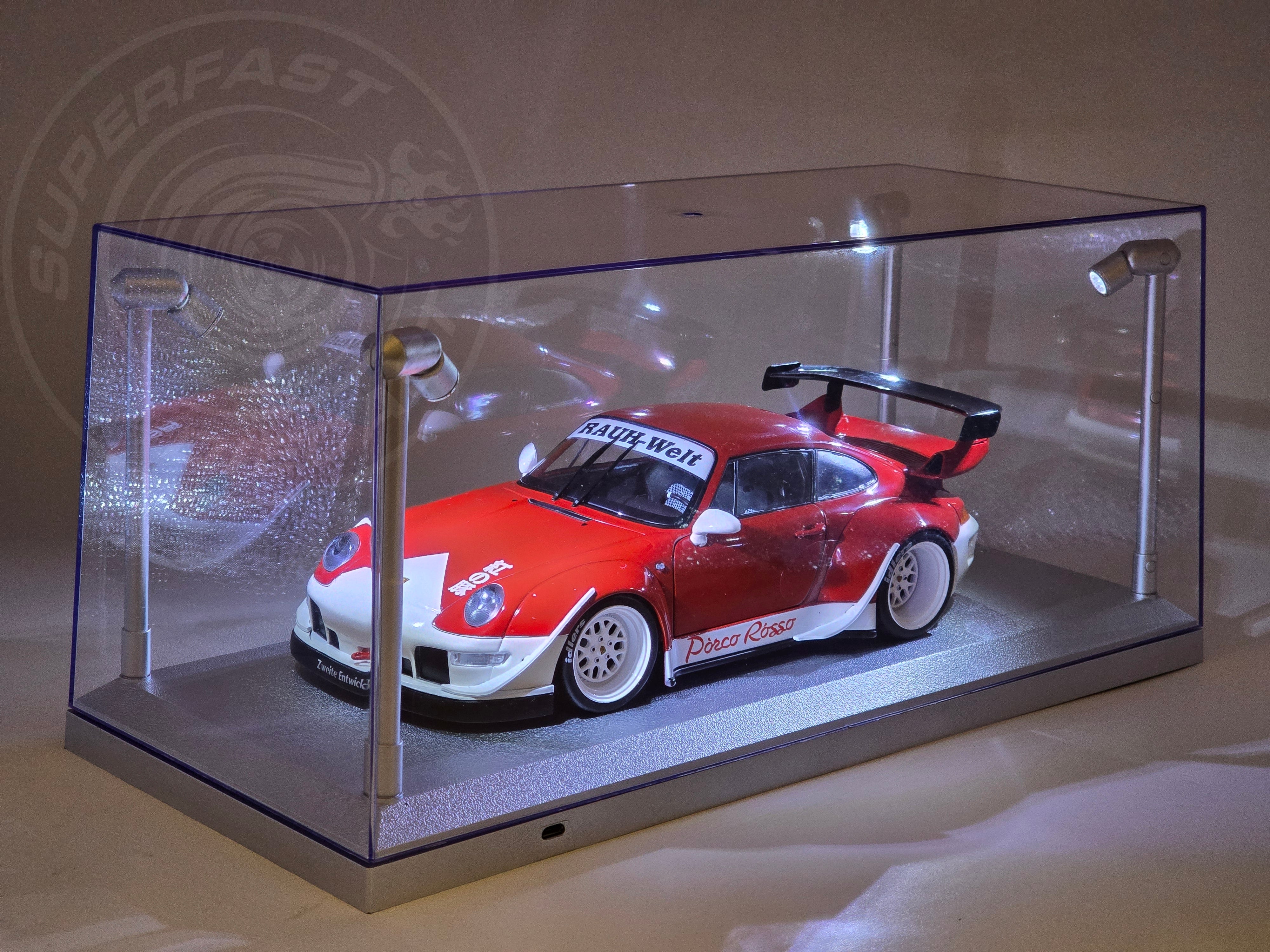 Triple 9 - 1:18 LED DISPLAY CASE, 4 ADJUSTABLE LIGHTS 35 X 15 X 16CM WITH SILVER BASE - 189922