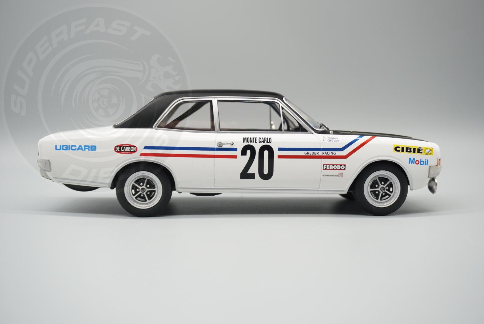 MCG 1:18 Scale Diecast - Opel Commodore Rally WM, Rally Monte Carlo, 1971, #20, H.Greder/P.Pagani, White/Black - MCG18561