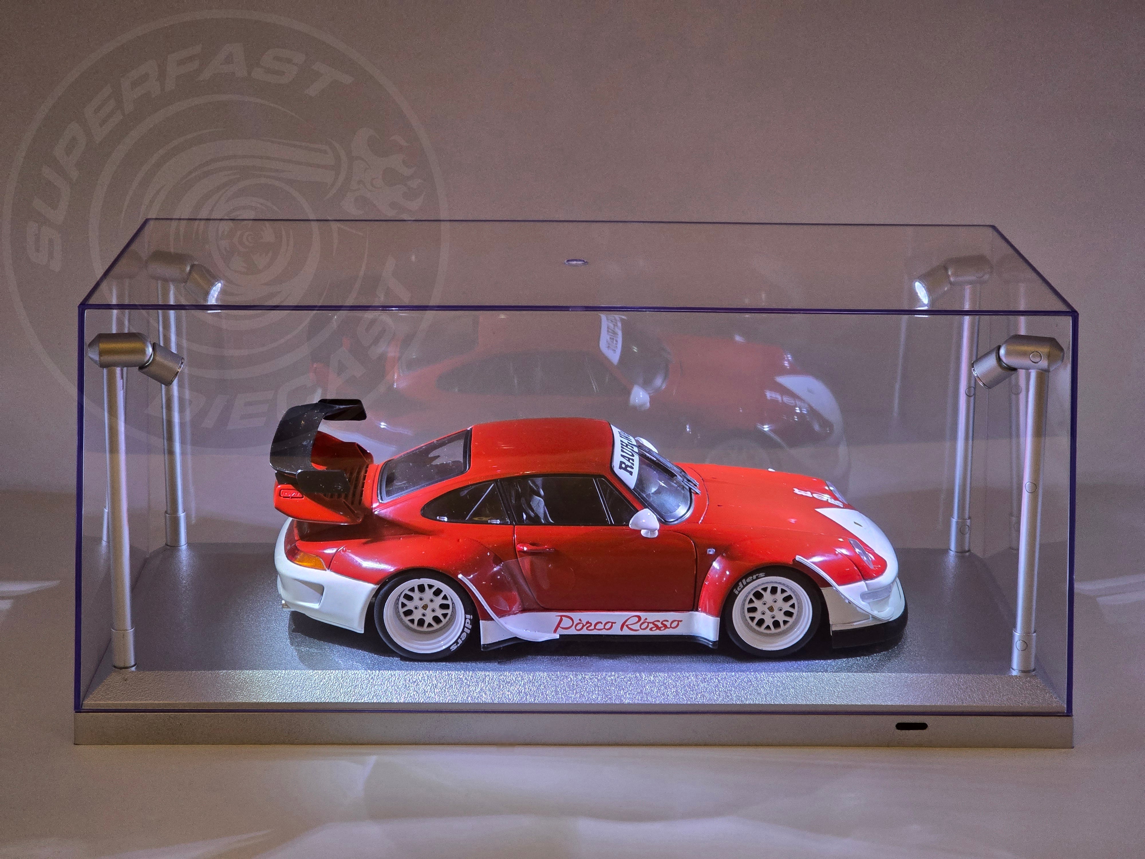 Triple 9 - 1:18 LED DISPLAY CASE, 4 ADJUSTABLE LIGHTS 35 X 15 X 16CM WITH SILVER BASE - 189922