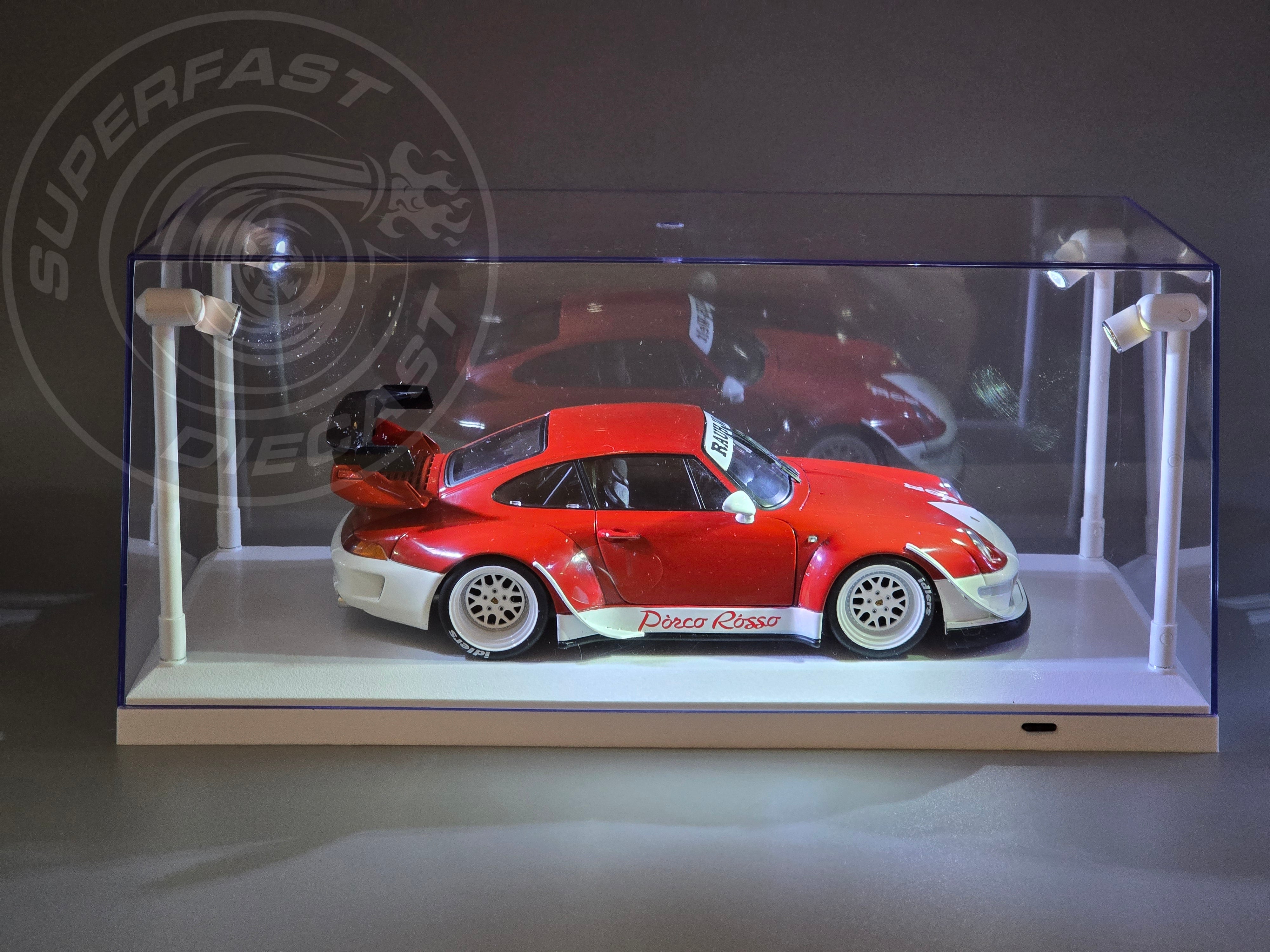 Triple 9 - 1:18 LED DISPLAY CASE, 4 ADJUSTABLE LIGHTS 35 X 15 X 16CM WITH WHITE BASE - T9-189921